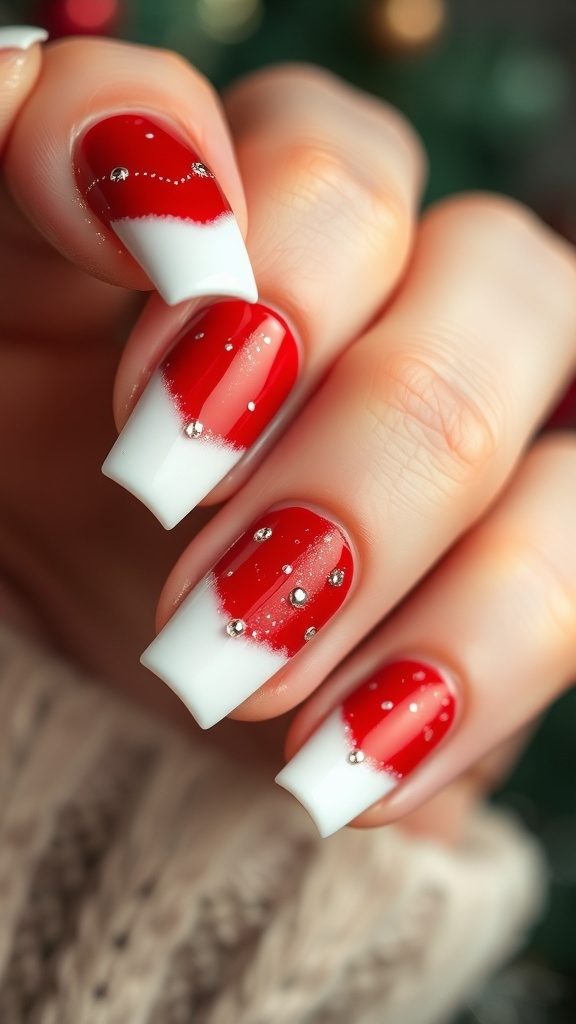 Elegant Christmas French tip nails with red base and white tips, decorated with glitter and rhinestones.